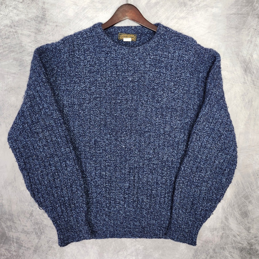 Vintage 80s 90s Eddie Bauer Chunky Wool Knit Sweater Blue Mens Large Made in USA